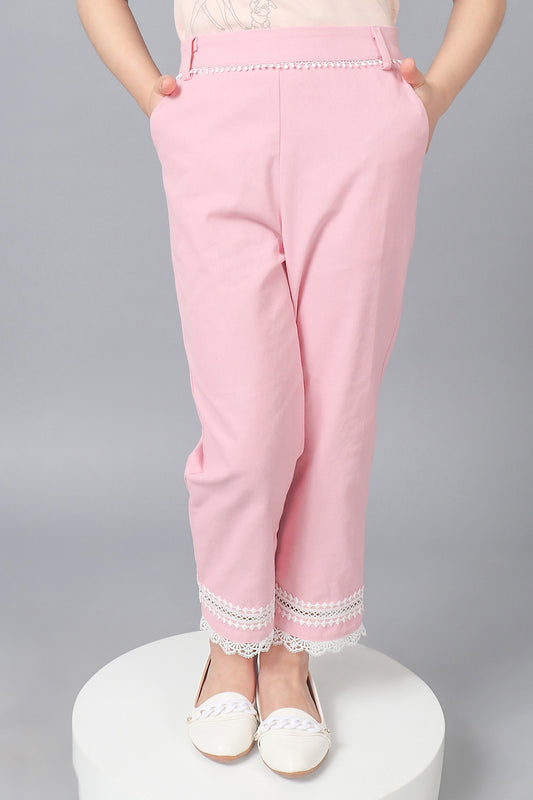 Kids Girls Pink Cotton Laced Trouser