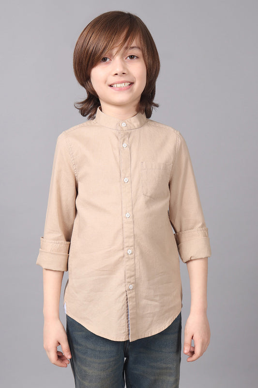 Kids Boys Beige 100% Cotton Band Collar Full Sleeves Patch Pocket Shirt