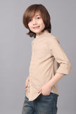 One Friday Kids Boys Beige 100% Cotton Band Collar Full Sleeves Patch Pocket Shirt