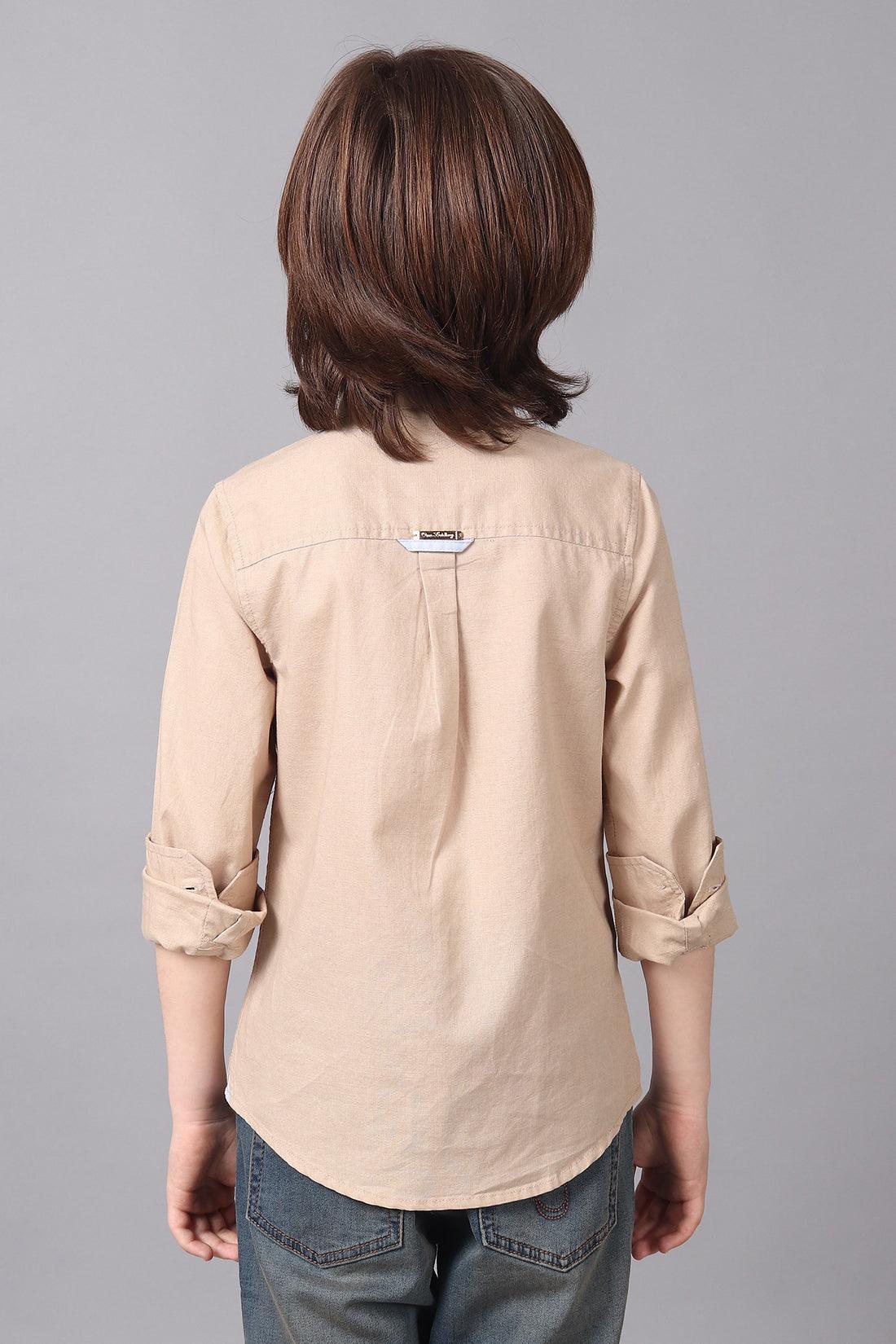 One Friday Kids Boys Beige 100% Cotton Band Collar Full Sleeves Patch Pocket Shirt - One Friday World