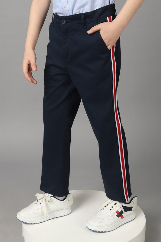 Kids Boys 100% Cotton Navy Blue Trouser With Contrast Side Detail