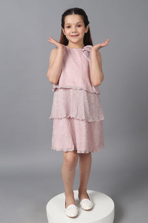 One Friday Kids Girls Pink Pleated Sleeveless Glitter Layered Dress