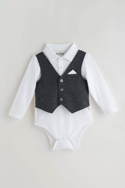 Baby Boys Grey Romper With Waistcoat