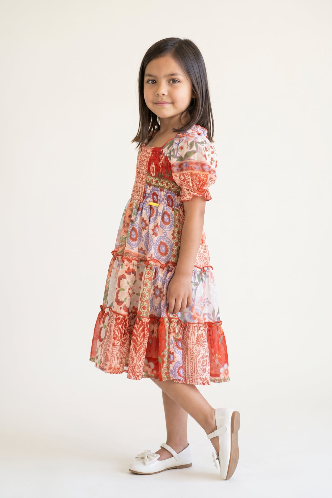 Girls Multi Floral Print Chiffon Half Sleeve Dress