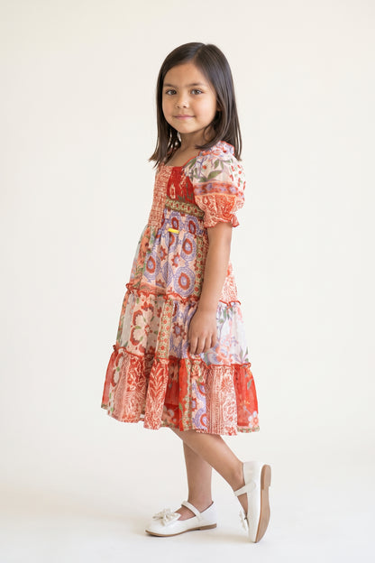Girls Multi Floral Print Chiffon Half Sleeve Dress