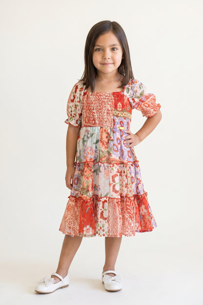 Girls Multi Floral Print Chiffon Half Sleeve Dress