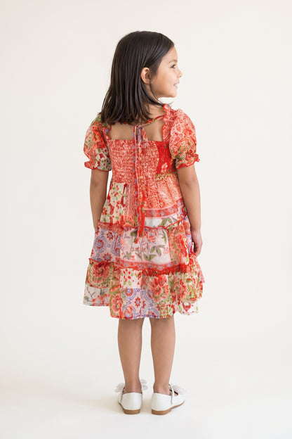 Girls Multi Floral Print Chiffon Half Sleeve Dress