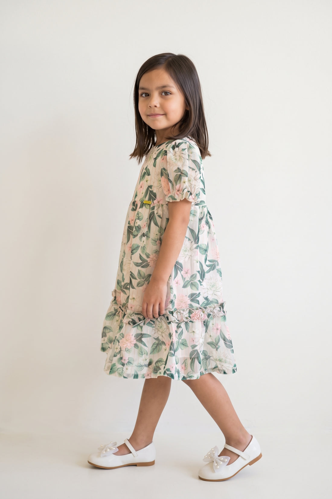 Girls Multi Floral Print Lurex Chiffon Half Sleeve Dress
