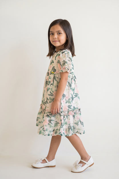 Girls Multi Floral Print Lurex Chiffon Half Sleeve Dress