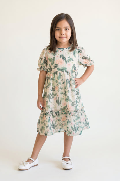 Girls Multi Floral Print Lurex Chiffon Half Sleeve Dress