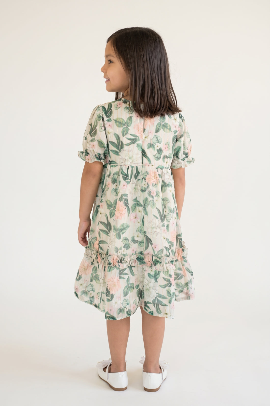 Girls Multi Floral Print Lurex Chiffon Half Sleeve Dress