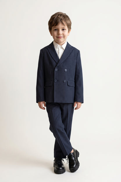 Boys Navy Blue Striped Twill Zip Trousers