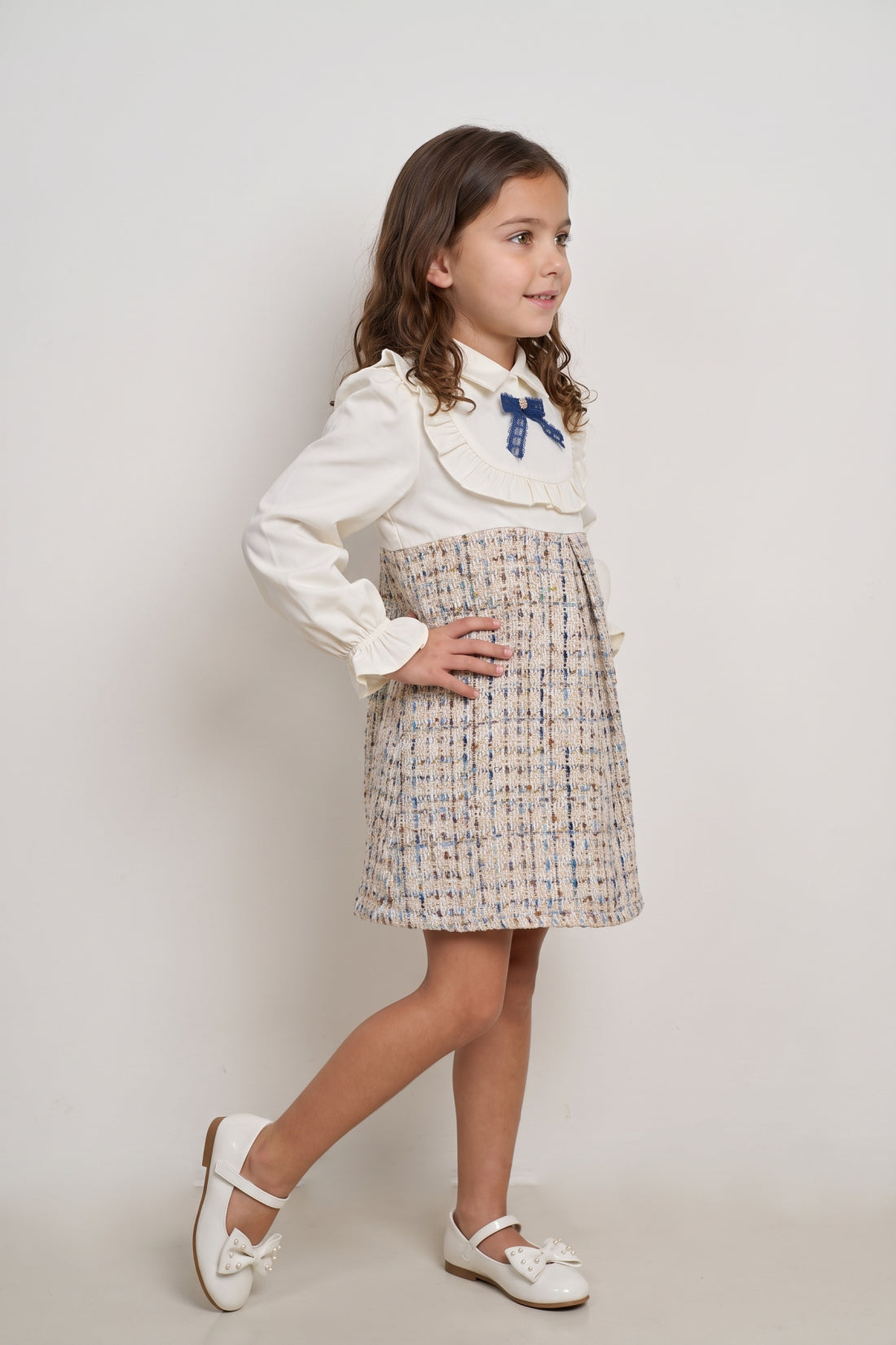 Girls Multi Boucle Shirt Collar Full Sleeve Dress