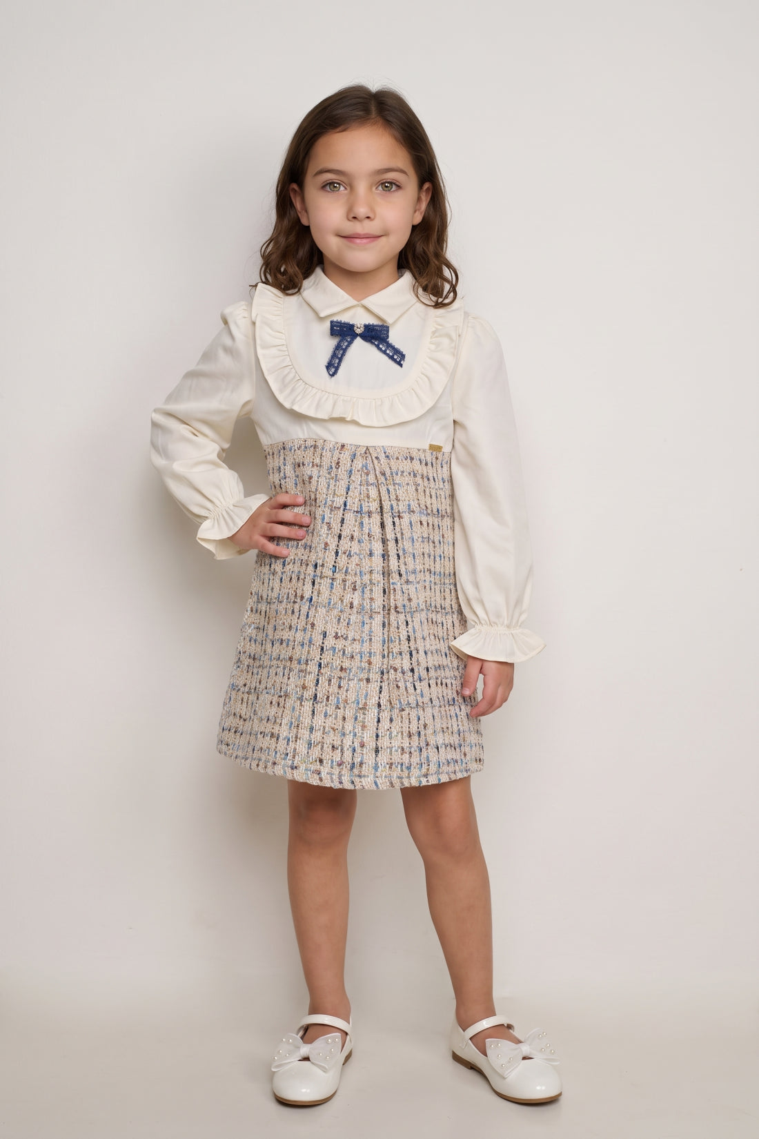 Girls Multi Boucle Shirt Collar Full Sleeve Dress
