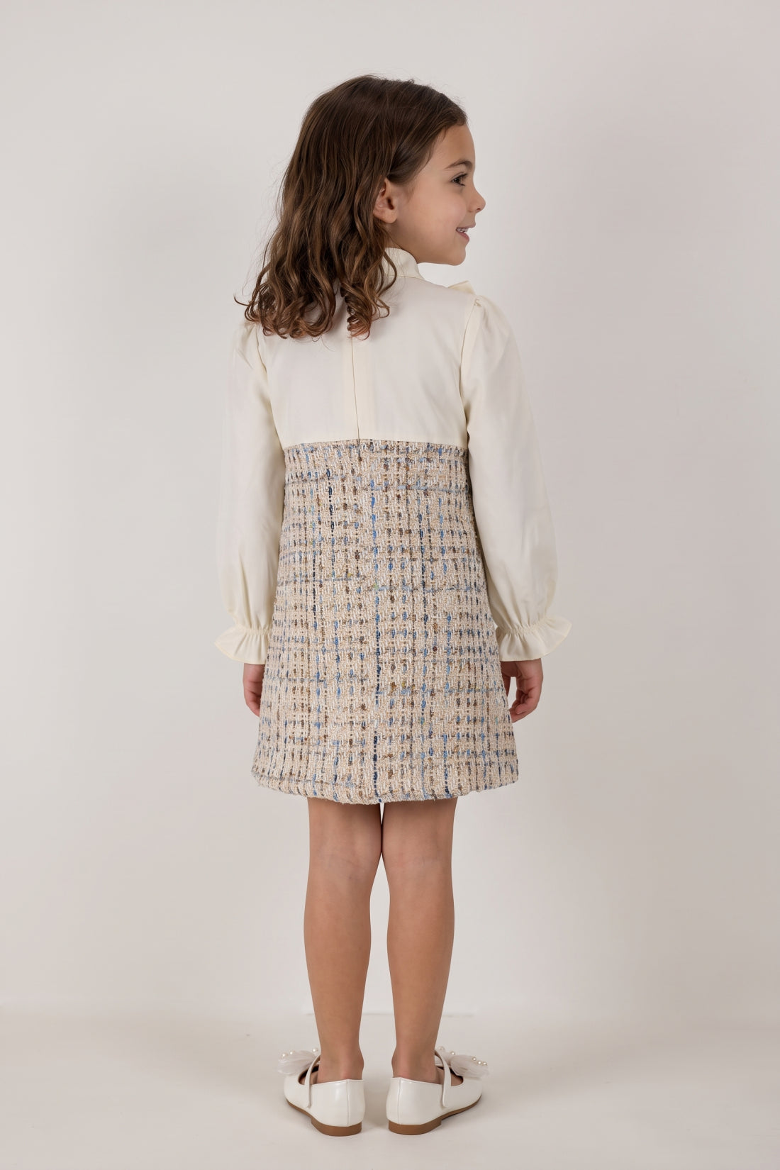 Girls Multi Boucle Shirt Collar Full Sleeve Dress