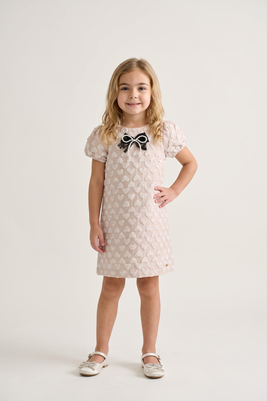 Girls Pink Solid Jacquard Half Sleeve Dress