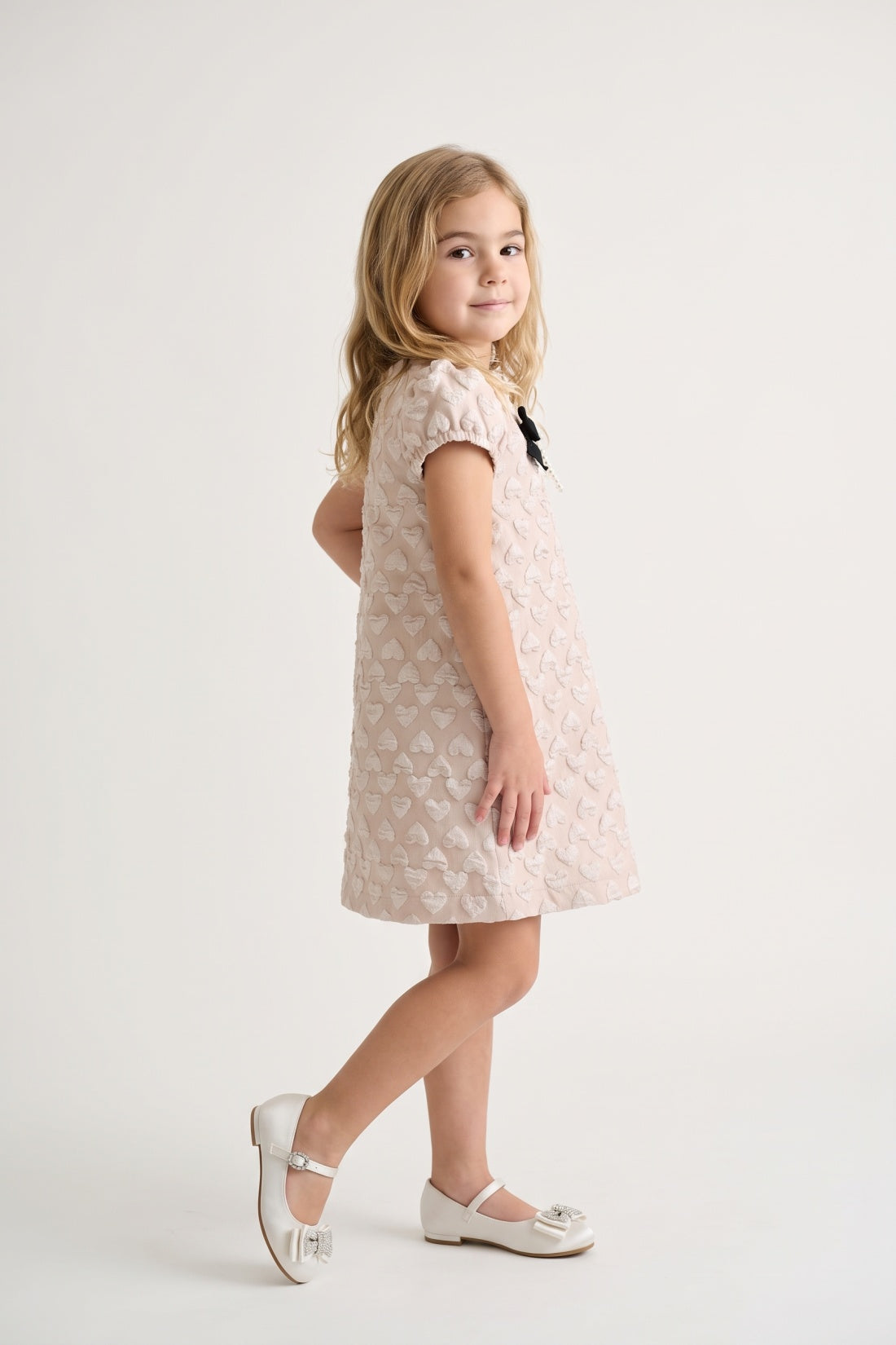 Girls Pink Solid Jacquard Half Sleeve Dress