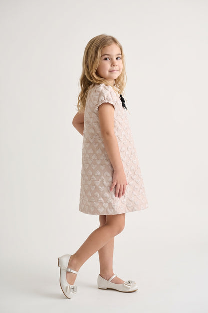 Girls Pink Solid Jacquard Half Sleeve Dress