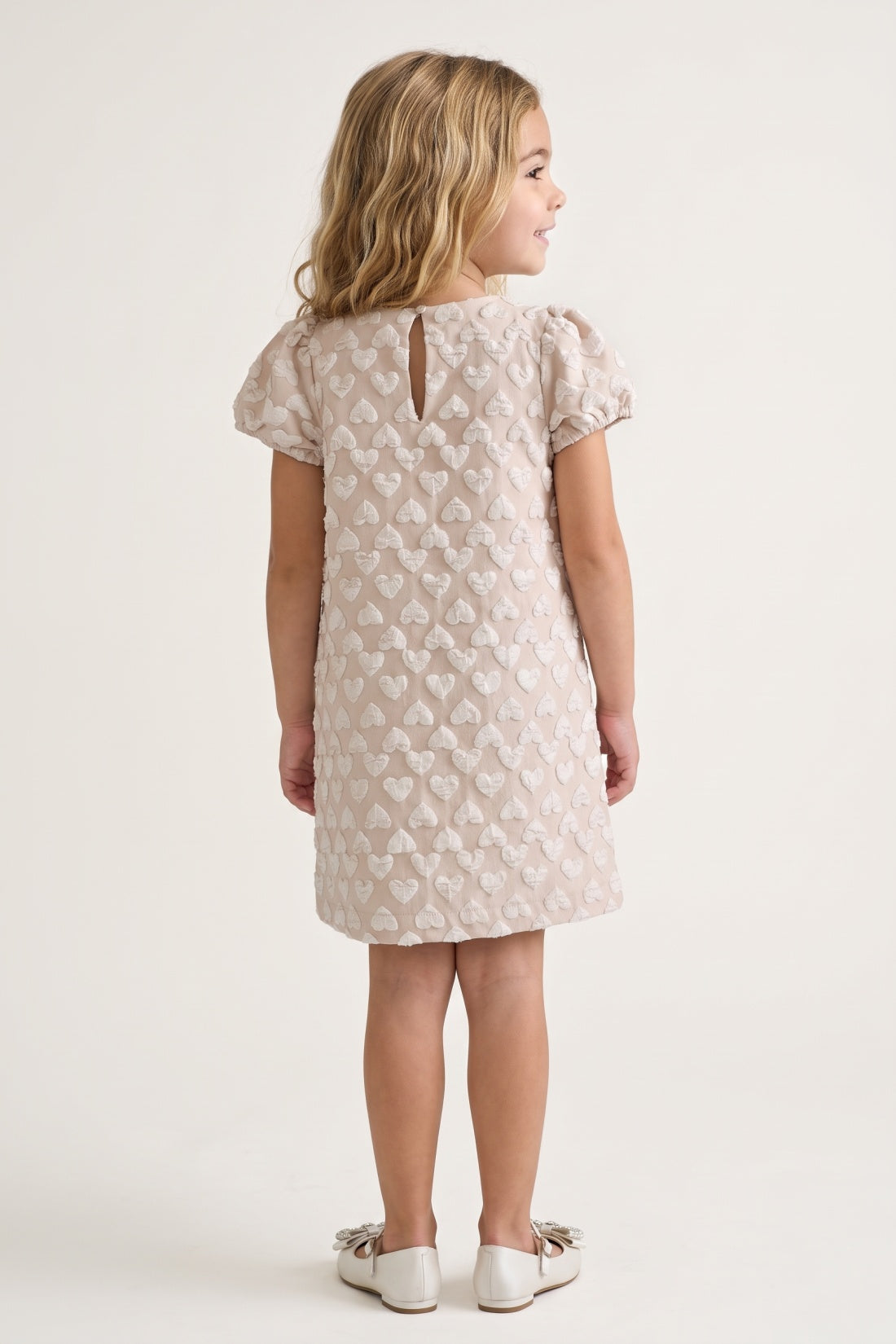 Girls Pink Solid Jacquard Half Sleeve Dress