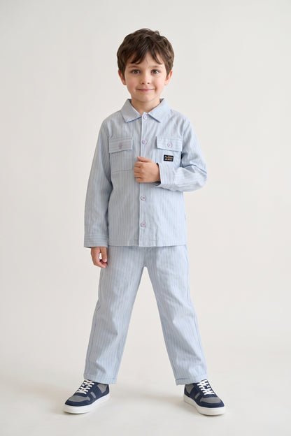 Boys Blue Striped Cotton Embellished Overshirt