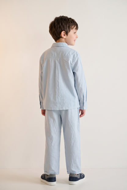 Boys Blue Striped Cotton Embellished Overshirt