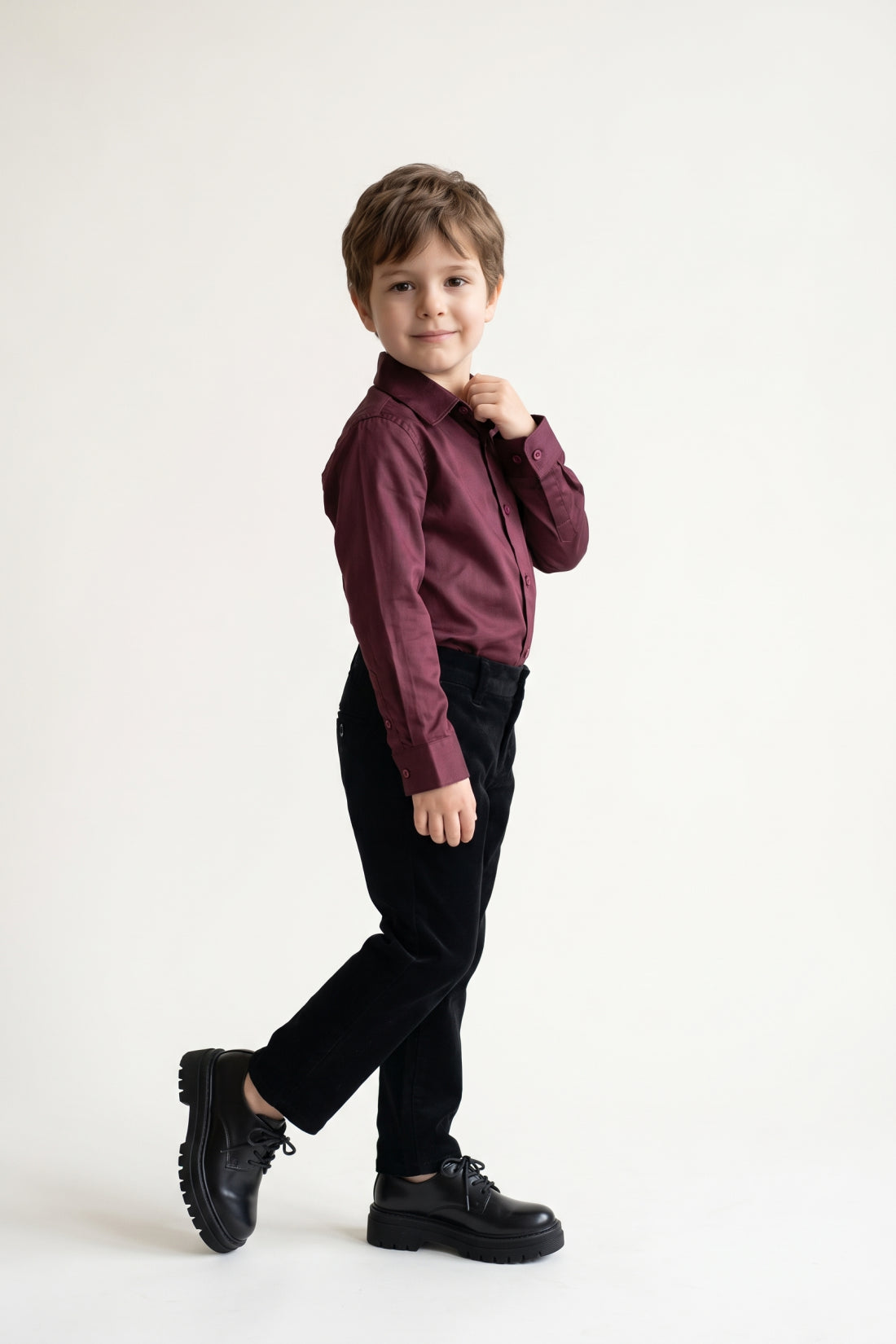 Boys Wine Cotton Satin Regular Fit Shirt