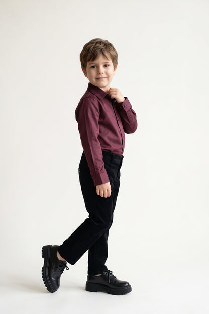 Boys Wine Cotton Satin Regular Fit Shirt