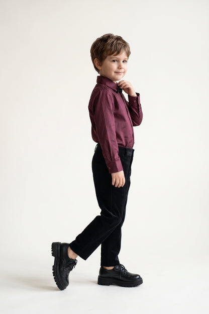 Boys Wine Cotton Satin Regular Fit Shirt