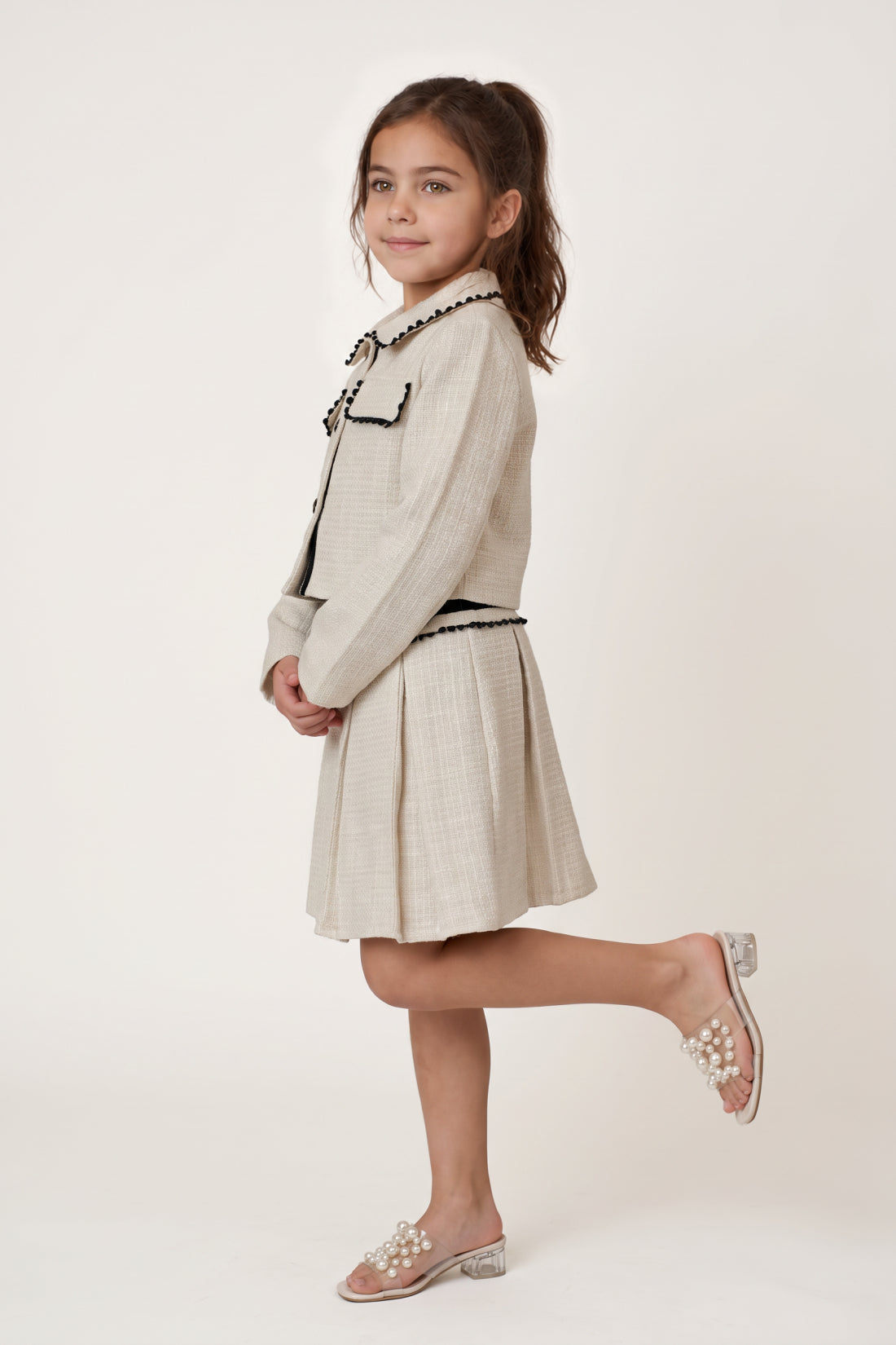 Girls Off White Boucle Lined Regular Fit Skirt