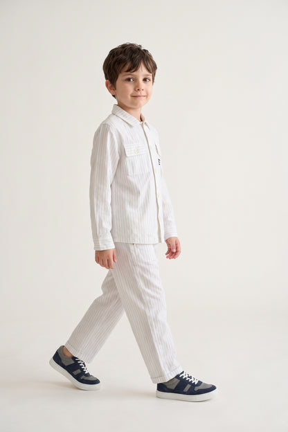 Boys Off White Striped Cotton Regular Fit Trousers