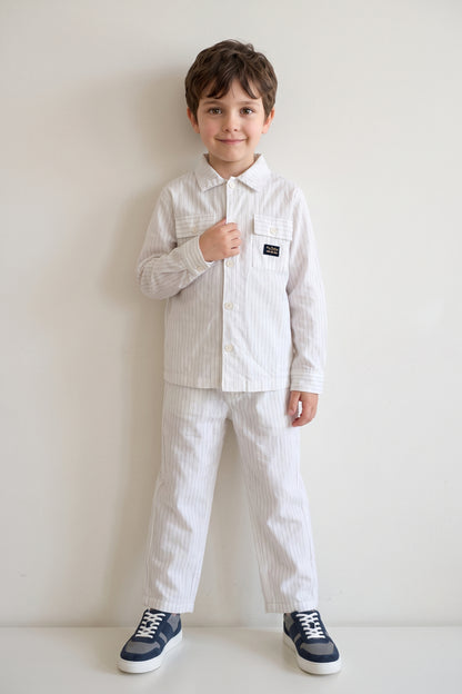Boys Off White Striped Cotton Regular Fit Trousers