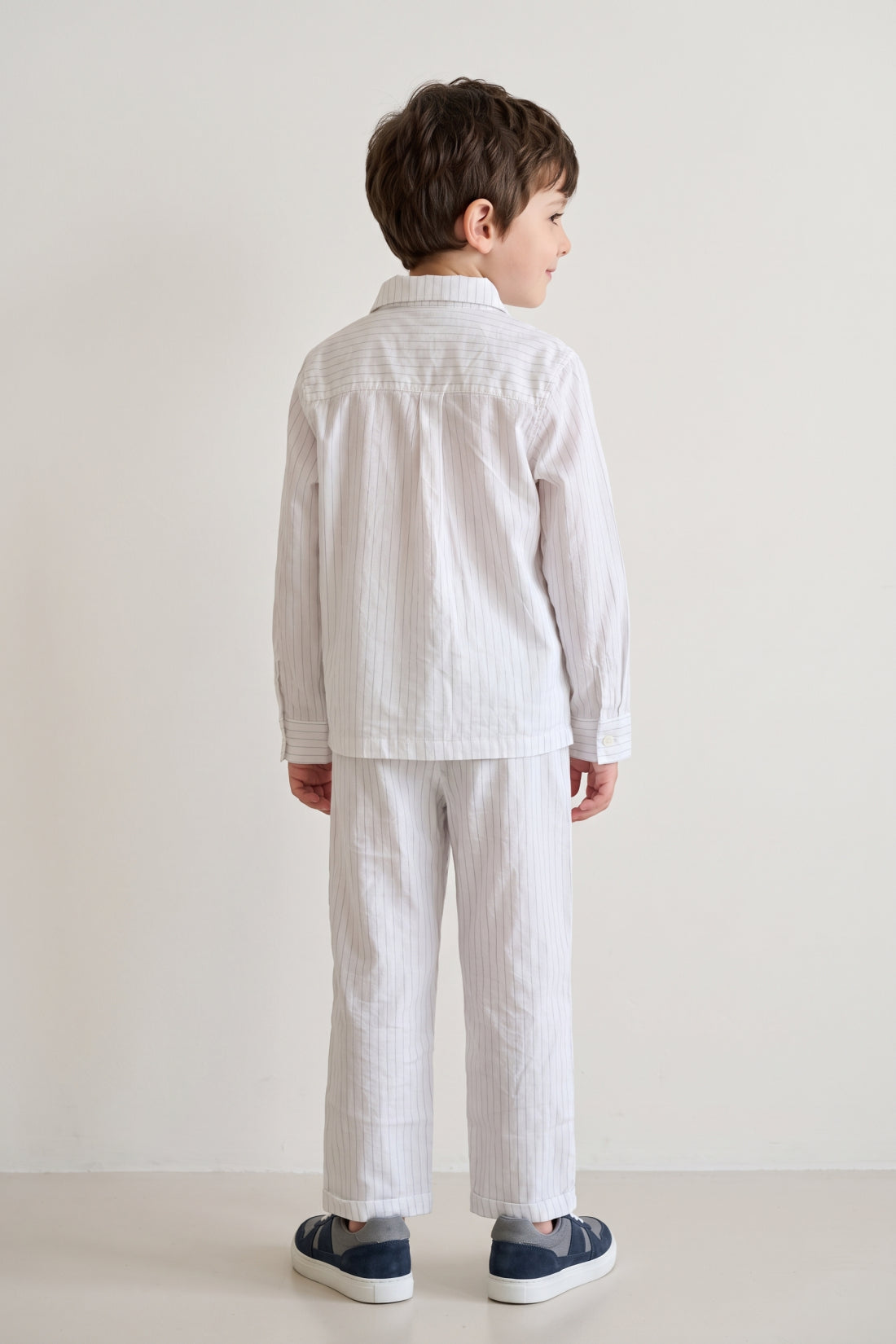 Boys Off White Striped Cotton Regular Fit Trousers