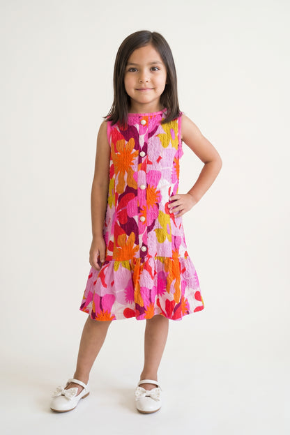 Girls Multi Floral Print Cotton Zip Dress