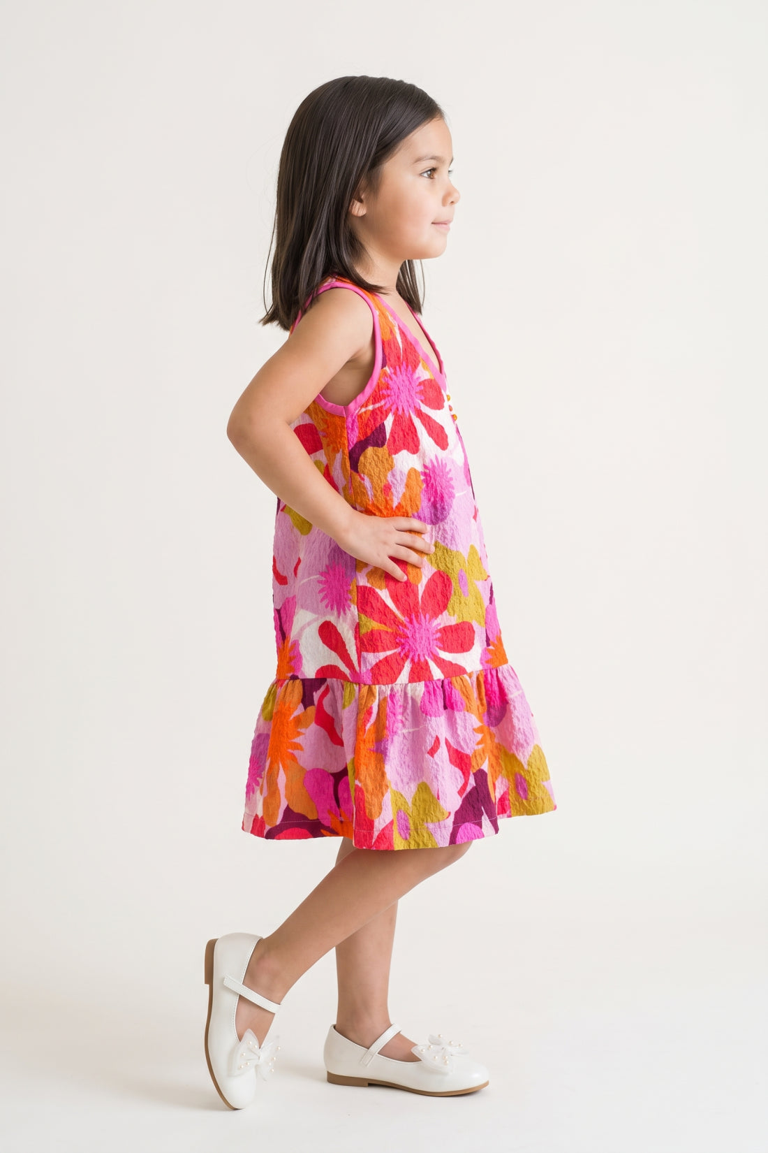 Girls Multi Floral Print Cotton Zip Dress