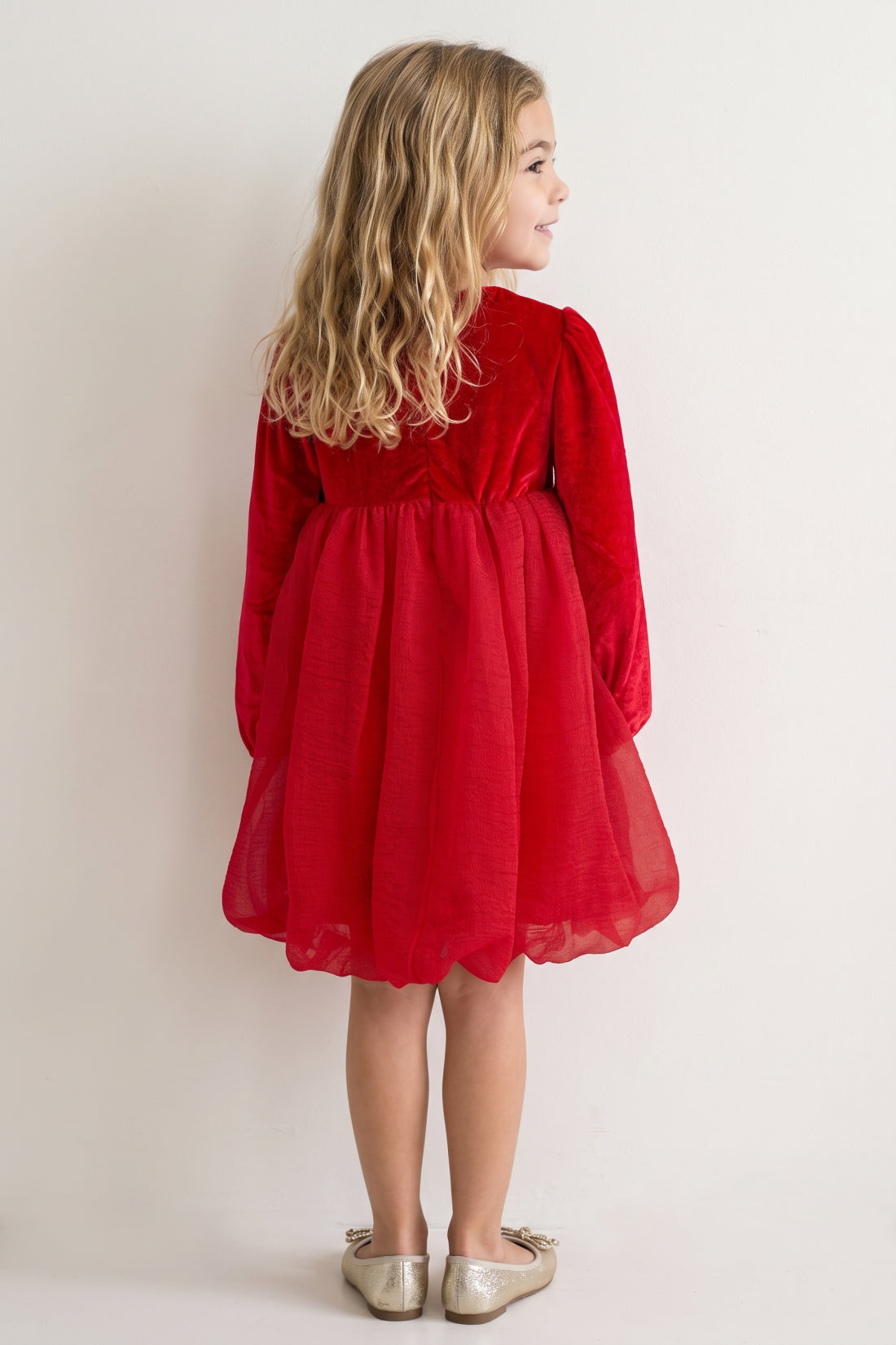 Girls Red Solid Velour Full Sleeve Dress