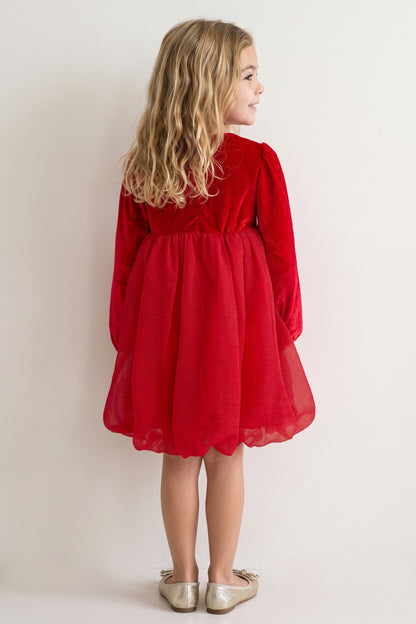 Girls Red Solid Velour Full Sleeve Dress