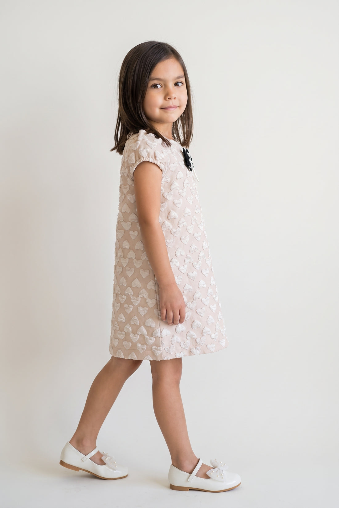Girls Sand Solid Boucle Half Sleeve Dress