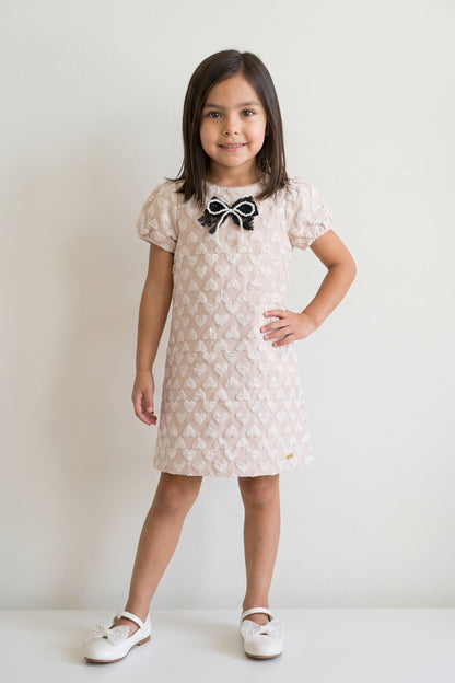 Girls Sand Solid Boucle Half Sleeve Dress