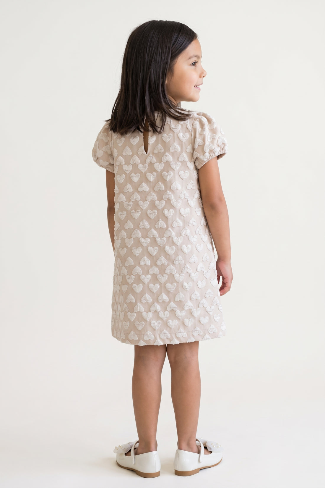 Girls Sand Solid Boucle Half Sleeve Dress