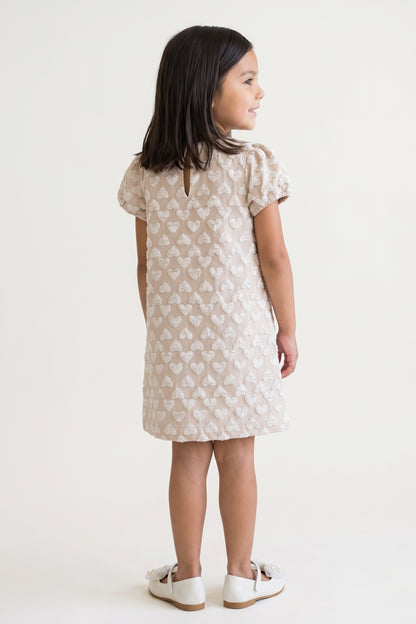 Girls Sand Solid Boucle Half Sleeve Dress