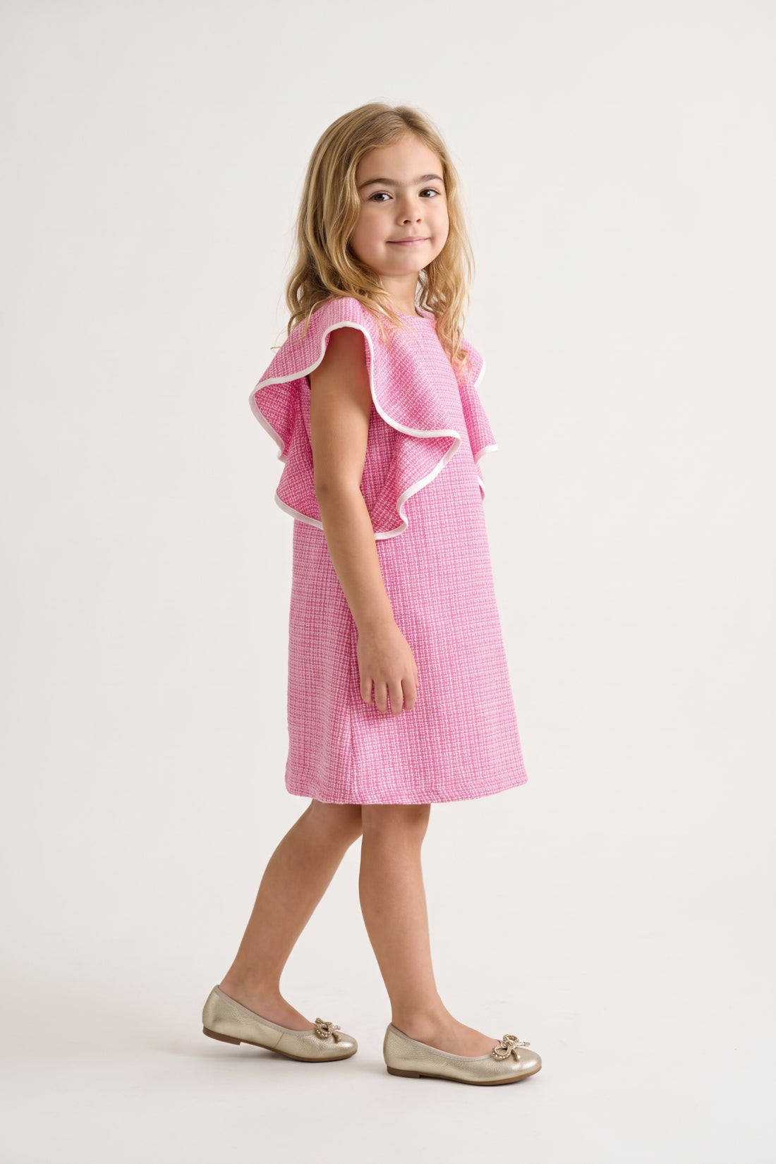 Girls Pink Boucle Round Neck Ruffle Sleeve Dress