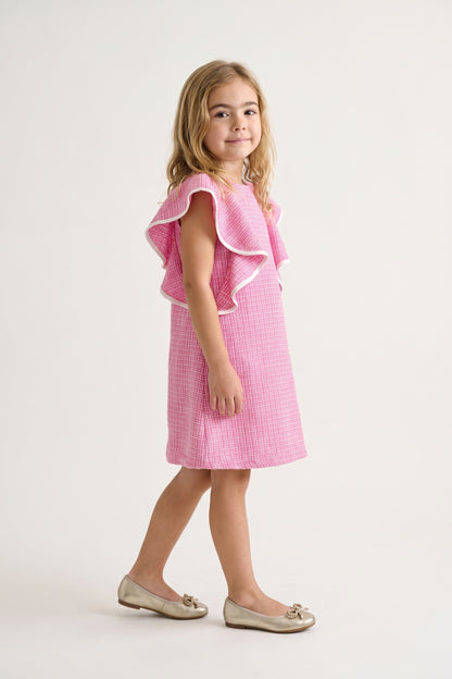 Girls Pink Boucle Round Neck Ruffle Sleeve Dress