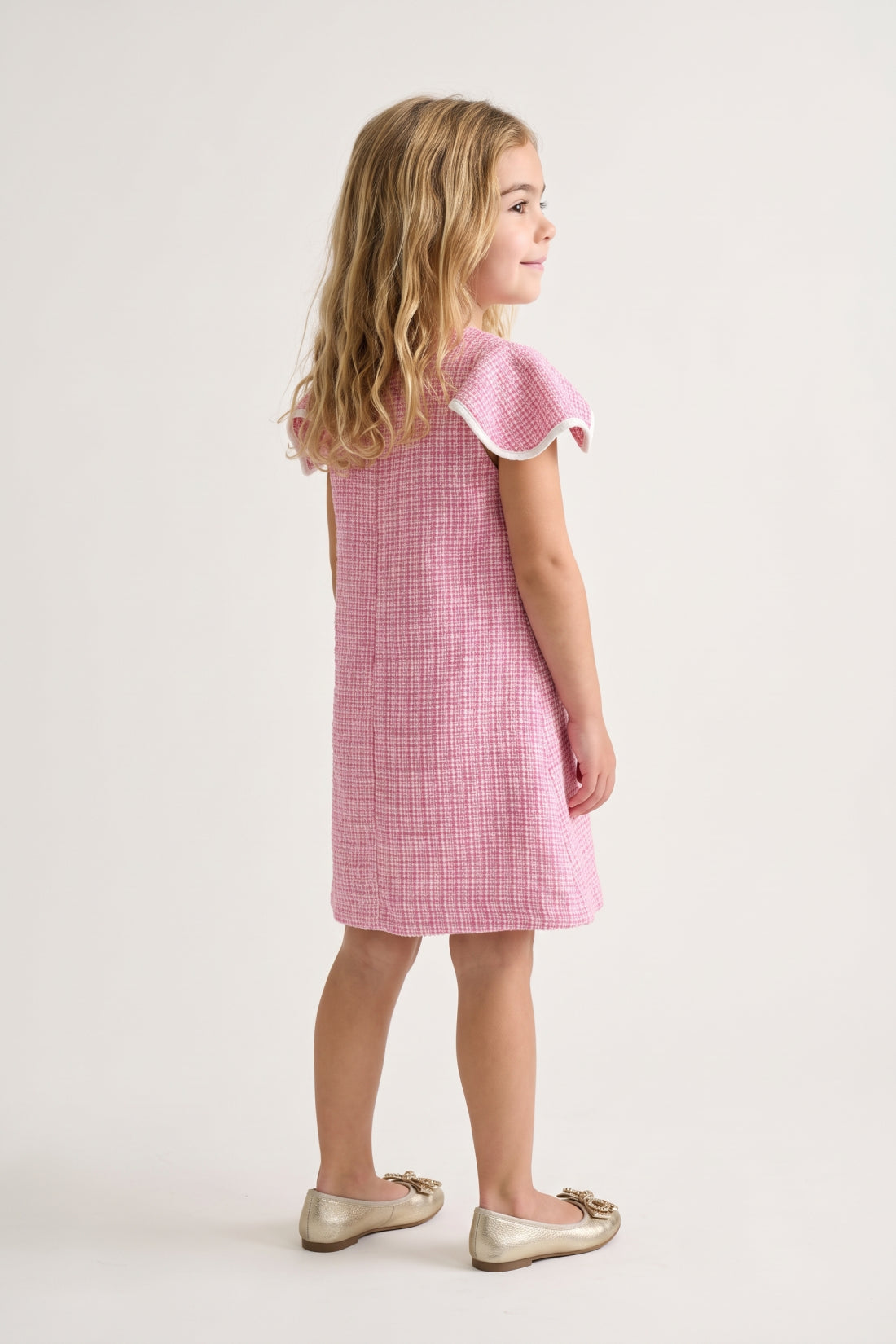 Girls Pink Boucle Round Neck Ruffle Sleeve Dress