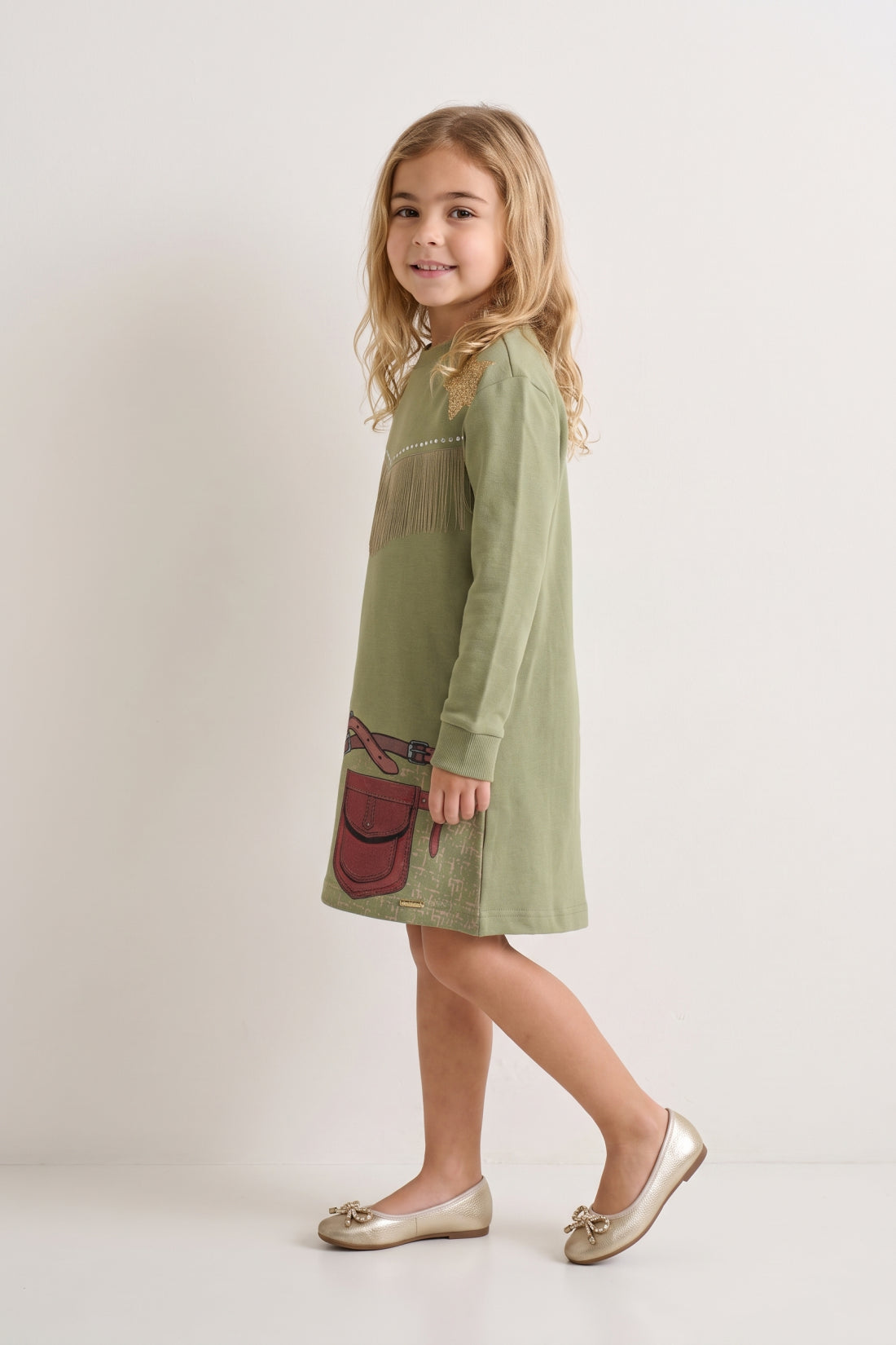 Girls Olive Solid Cotton Round Neck Full Sleeve Dress