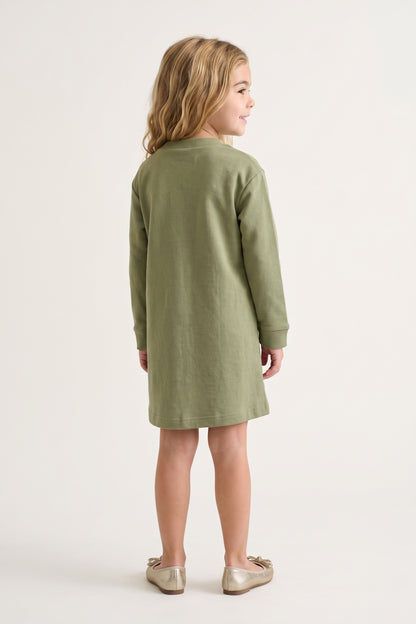 Girls Olive Solid Cotton Round Neck Full Sleeve Dress