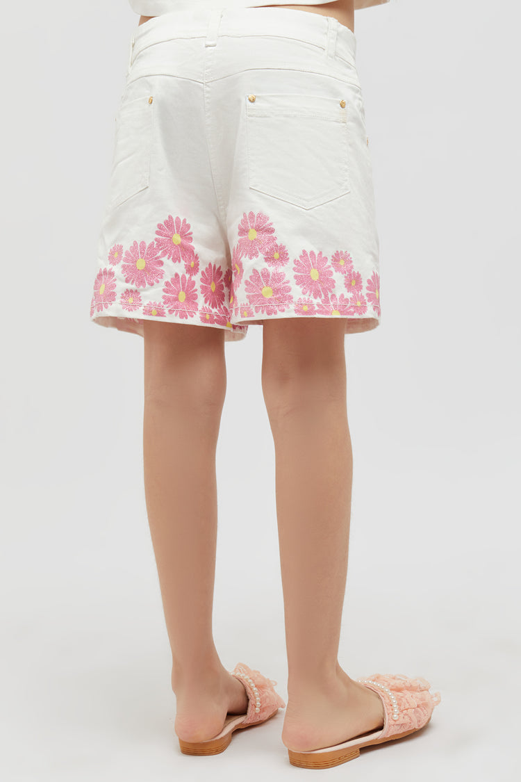 Off White Shorts With Pink Flower Print