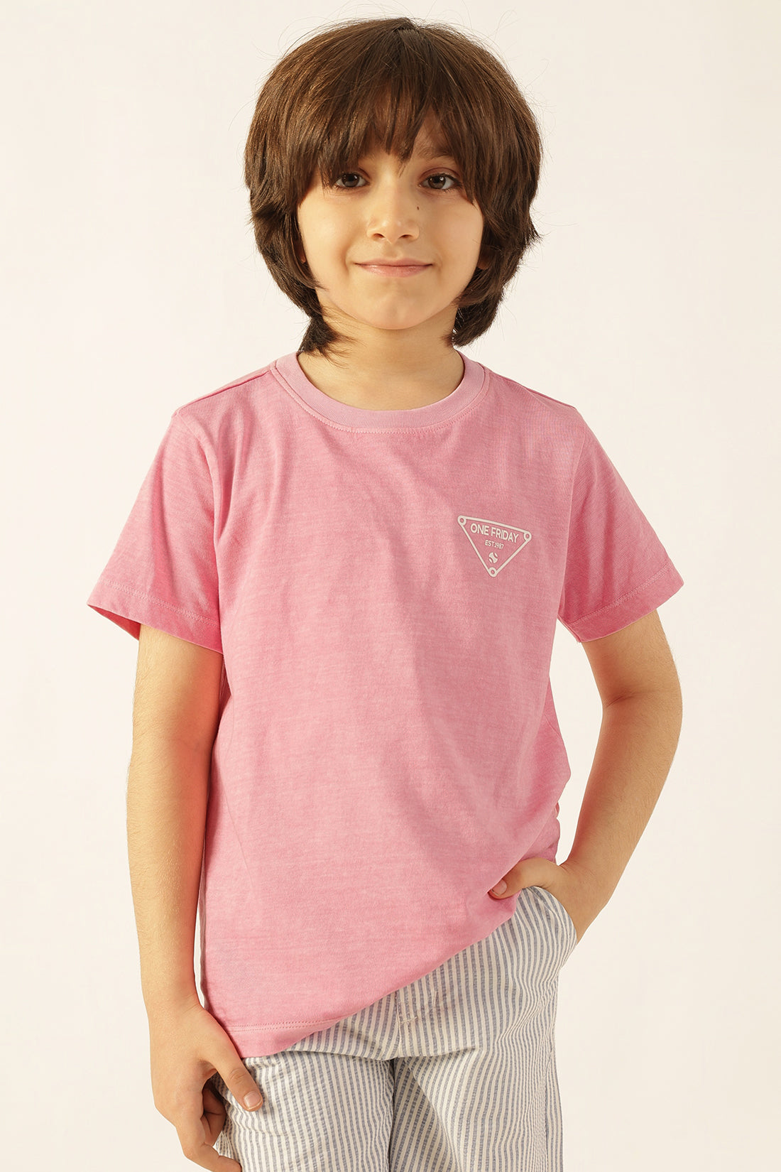 Boys Pink Printed Cotton Knit T-Shirt