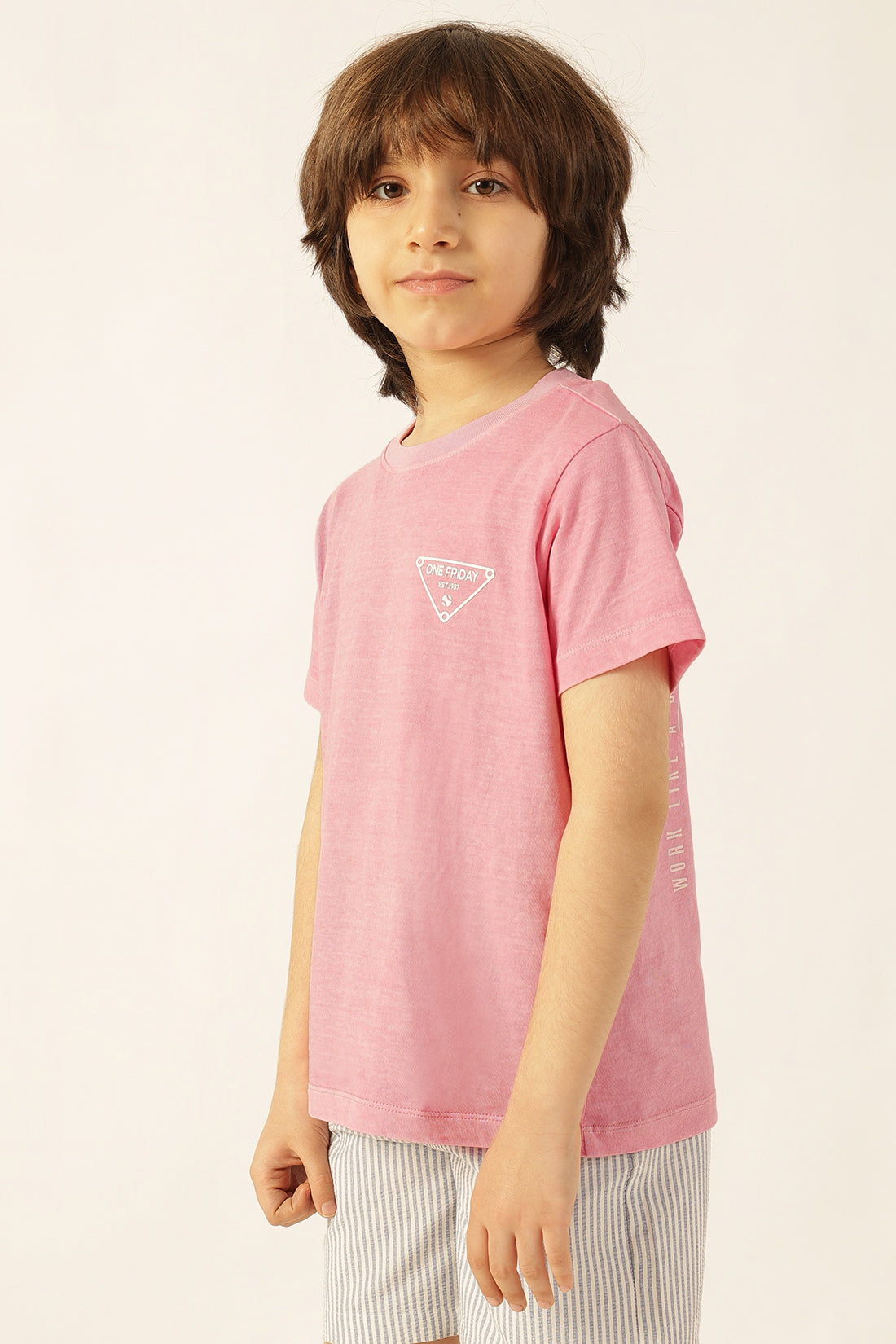 Boys Pink Printed Cotton Knit T-Shirt