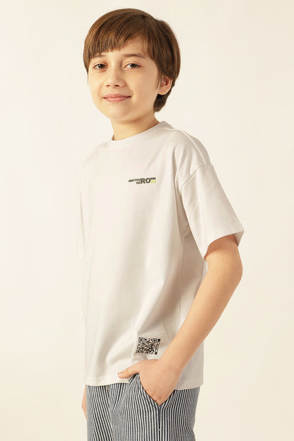 Boys White Printed Round Neck Knit T-Shirt