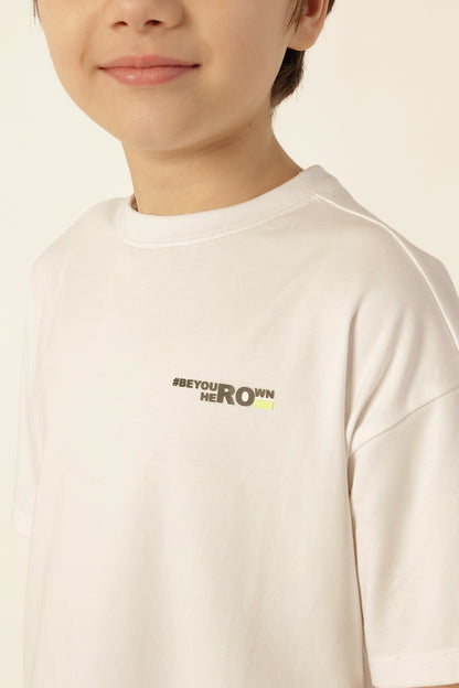 Boys White Printed Round Neck Knit T-Shirt